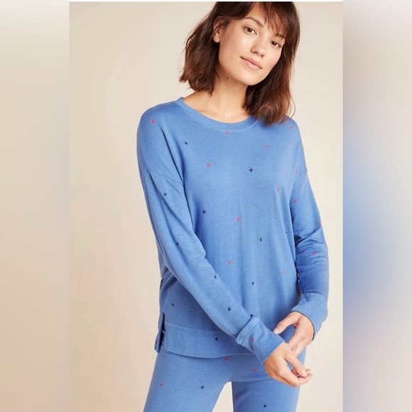 Sundry Women’s 1/Small Dusty Blue Starry Hearts Pima Cotton Pullover Sweatshirt - Picture 3 of 15